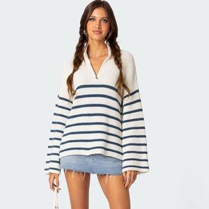 Edikted oversized quarter zip sweater blue white striped 100% cotton xs
